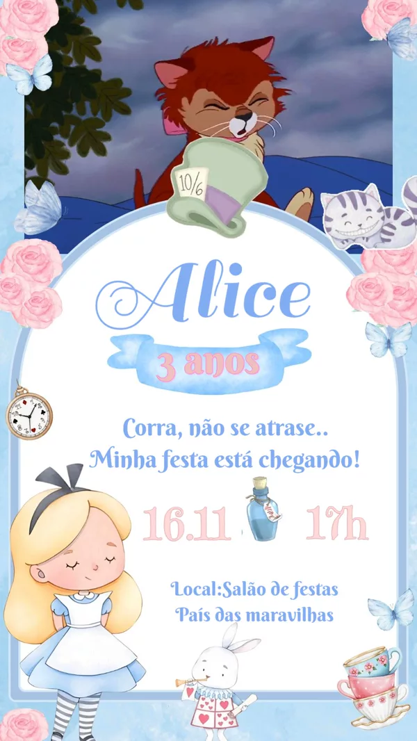 Convite Animado Aniversário Alice Infantil Para Editar Online