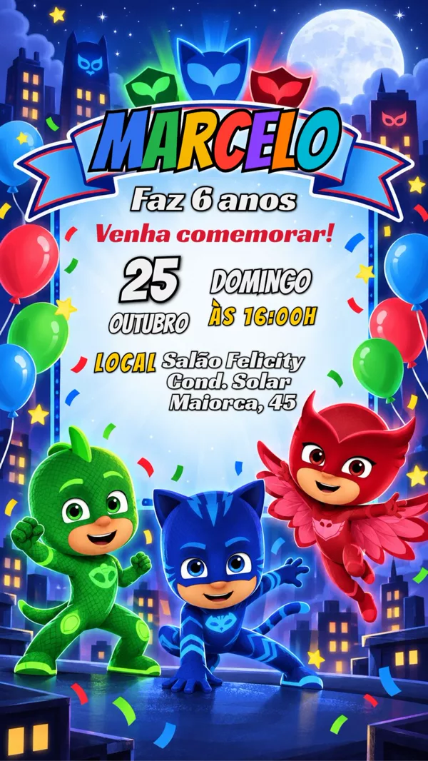 Convite Aniversário PJ Masks Para Editar Online