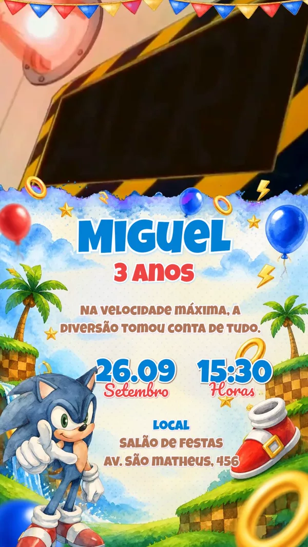 Convite Animado Aniversário Sonic Aquarela Para Editar Online