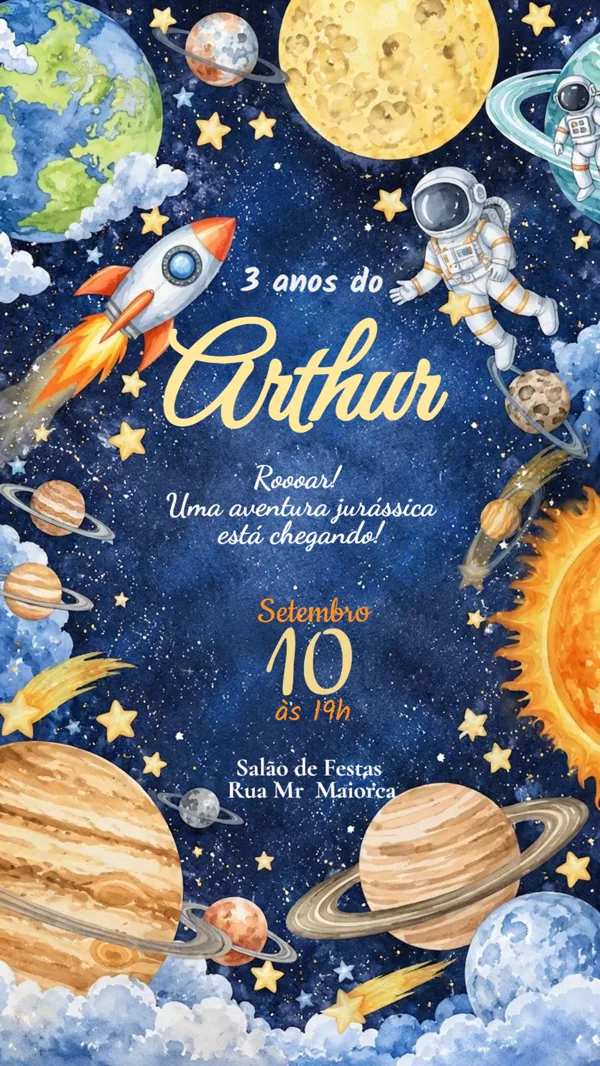 Convite Animado Aniversário Galáxia Astronauta Para Editar Online