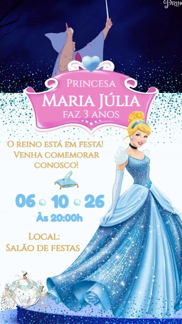 Convite Animado Aniversário Cinderela Azul Castelo Para Editar Online