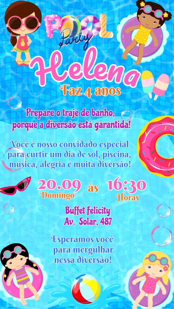Convite Animado Aniversário Pool Party Donut Rosa Para Editar Online