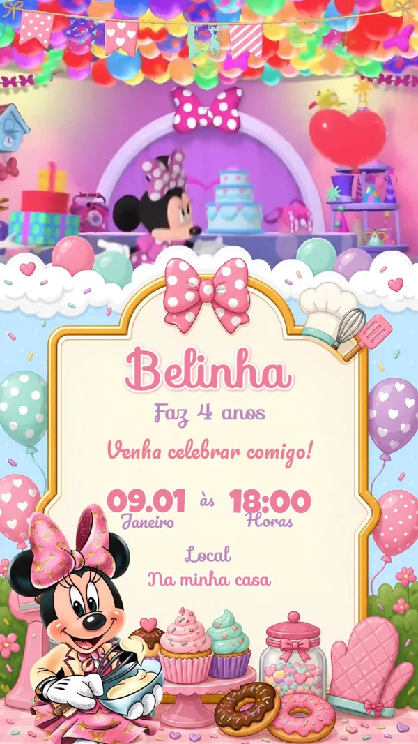Convite Animado Aniversário Minnie Confeiteira Para Editar Online