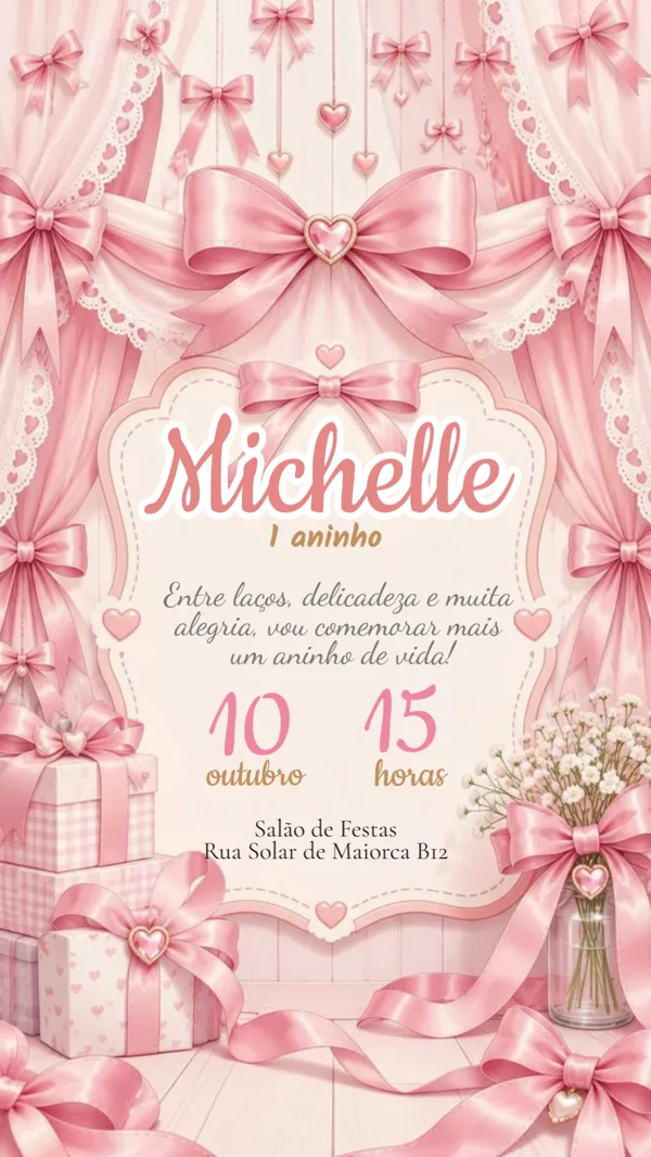 Convite Animado Aniversário Laços Rosa Para Editar Online