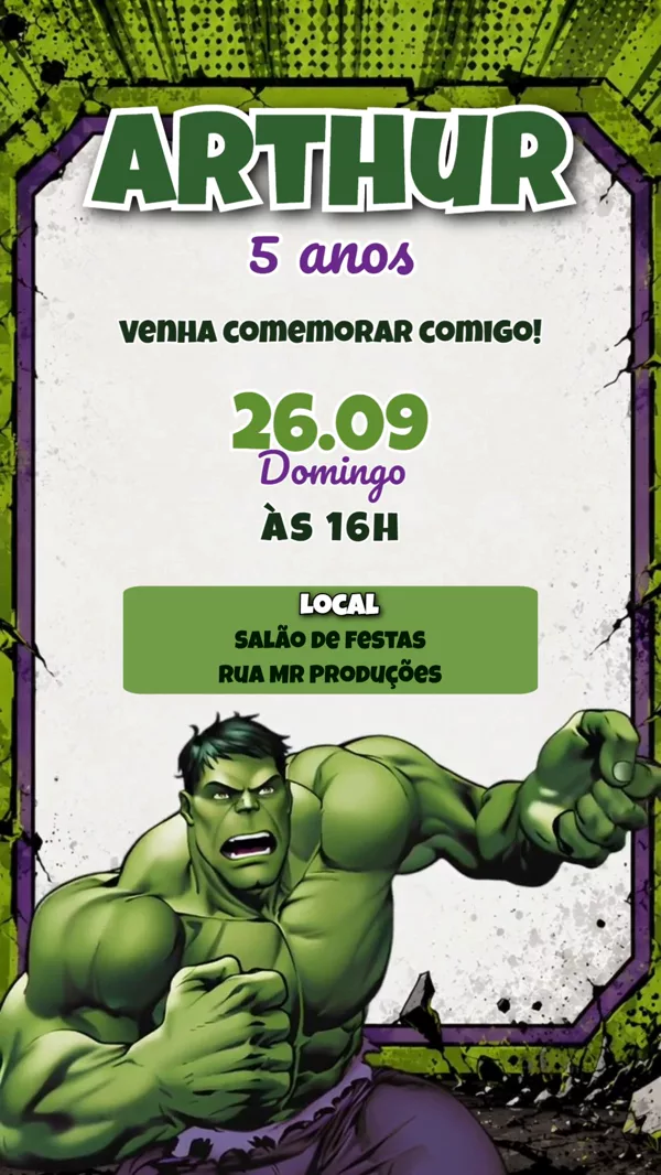 Convite Animado Aniversário Hulk Quadrinho Verde Para Editar Online