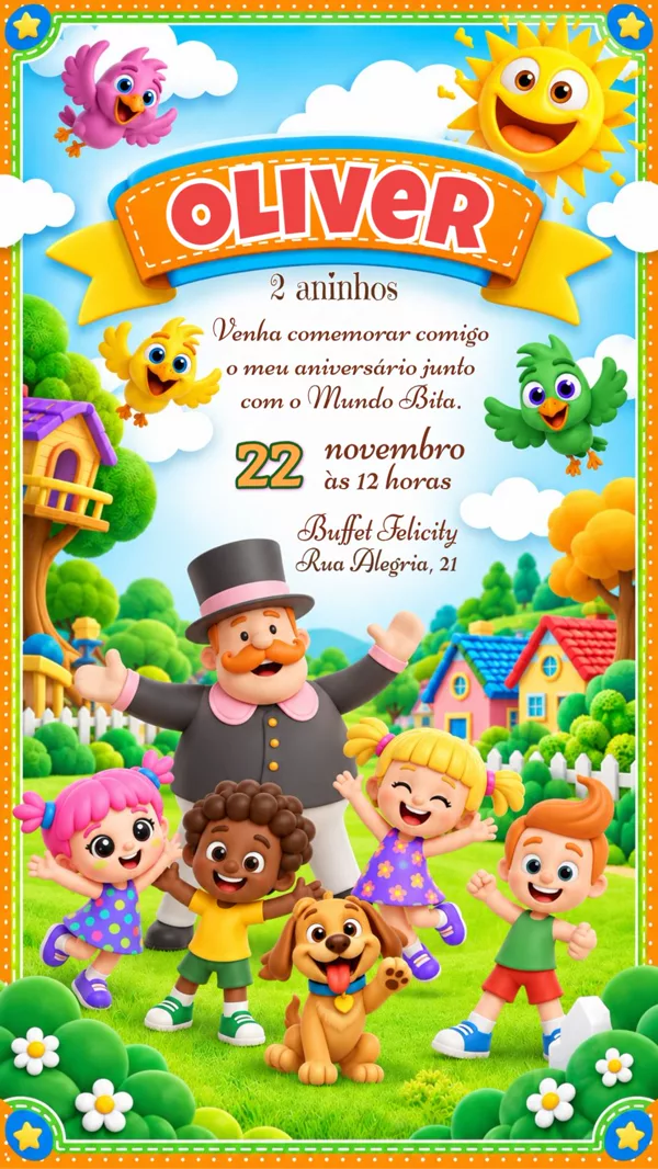 Convite Aniversário Mundo Bita Colorido Para Editar Online