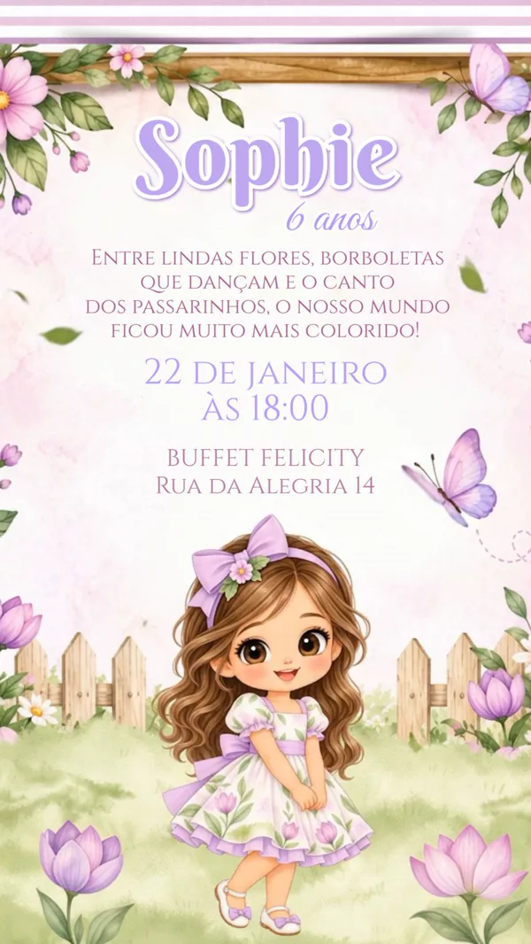 Convite Animado Aniversário Jardim Flores Lilás Para Editar Online