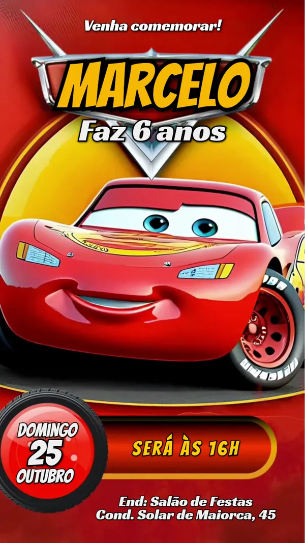 Convite Animado Aniversário McQueen Vermelho Para Editar Online
