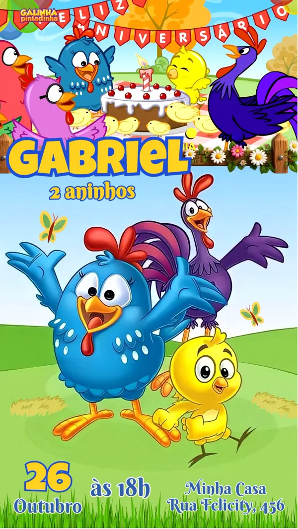 Convite Animado Aniversário Galinha Pintadinha Para Editar Online