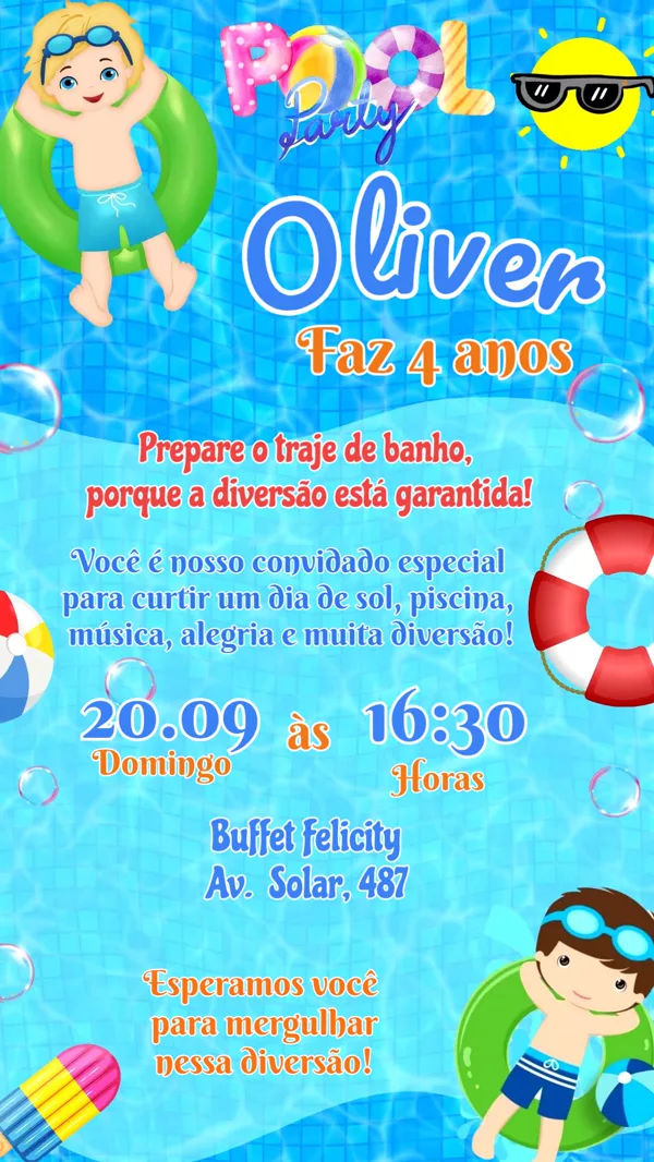 Convite Animado Aniversário Pool Party Azul Para Editar Online