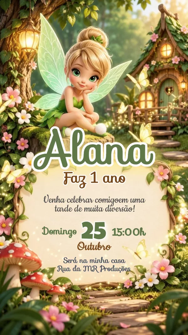 Convite Animado Aniversário Tinker Bell Floresta Para Editar Online