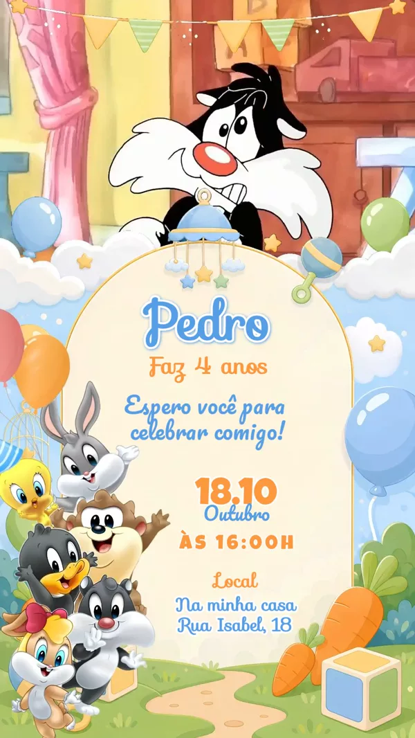 Convite Animado Aniversário Baby Looney Tunes Para Editar Online