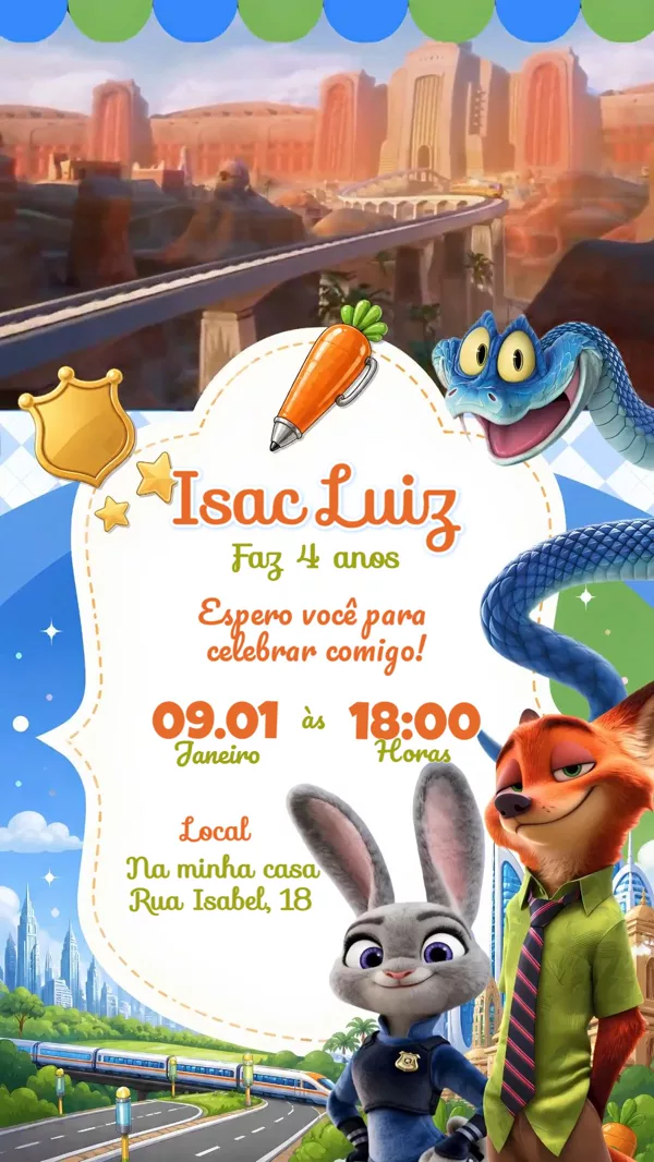 Convite Animado Aniversário Zootopia Para Editar Online