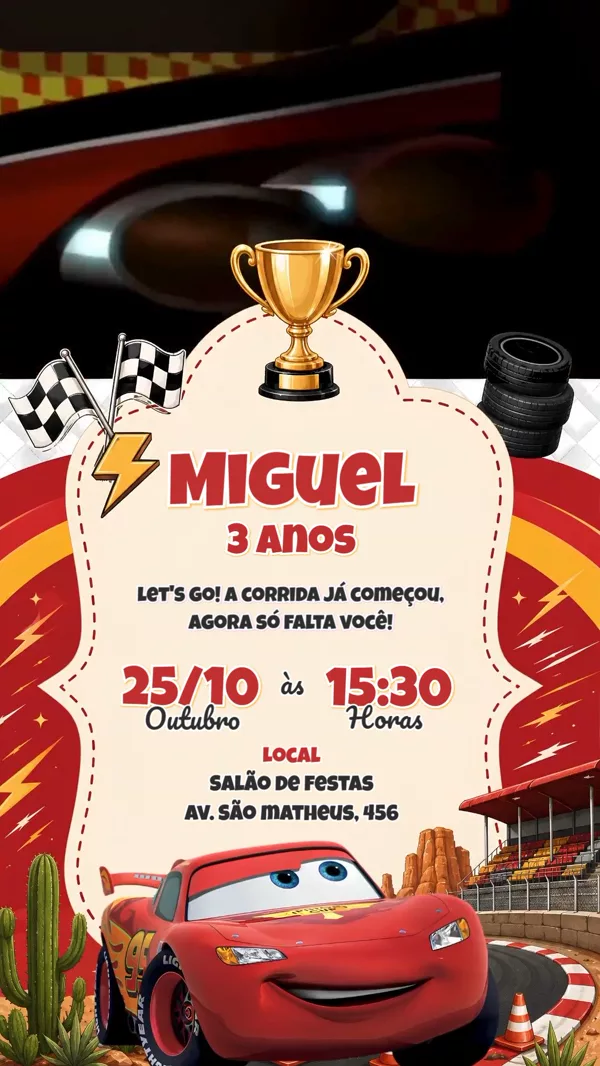 Convite Animado Aniversário Relâmpago Mcqueen Para Editar Online