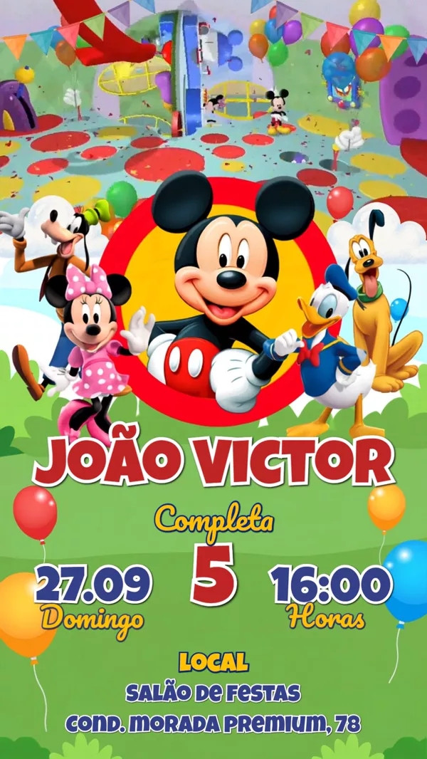 Convite Animado Aniversário Turma Mickey Mouse Para Editar Online