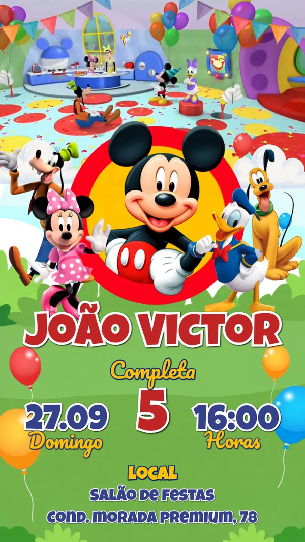 Convite Animado Aniversário Turma Mickey Mouse Para Editar Online