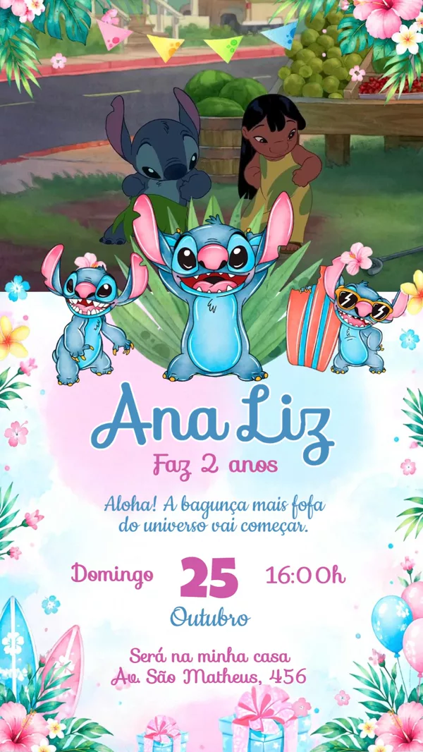 Convite Animado Aniversário Stitch Aquarela Para Editar Online