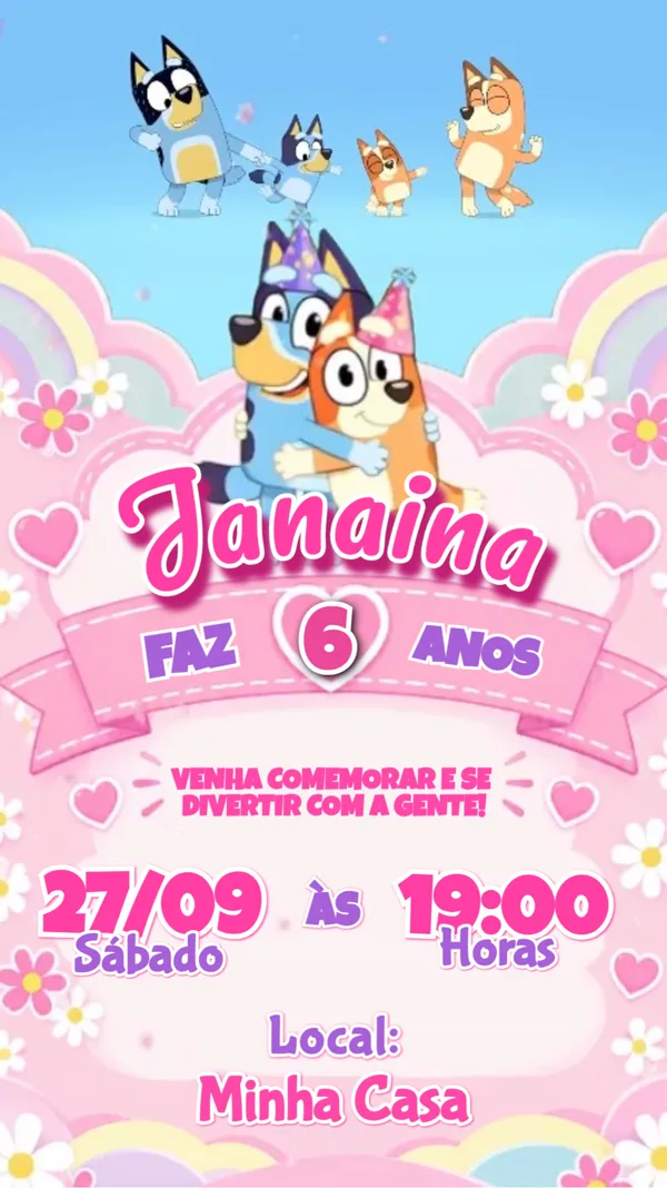 Convite Animado Aniversário Bluey Rosa Para Editar Online
