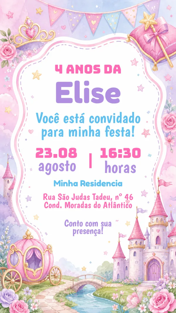 Convite Aniversário Princesa Castelo Para Editar Online