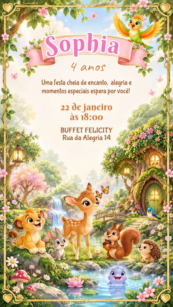 Convite Aniversário Bosque Encantado Animais Para Editar Online