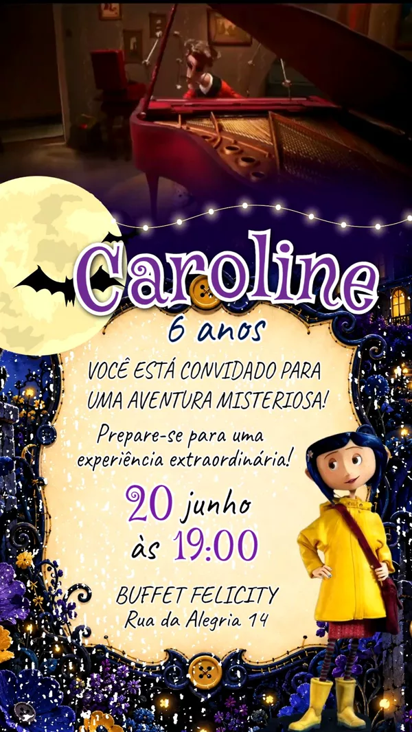 Convite Animado Aniversário Coraline Noite Lua Para Editar Online