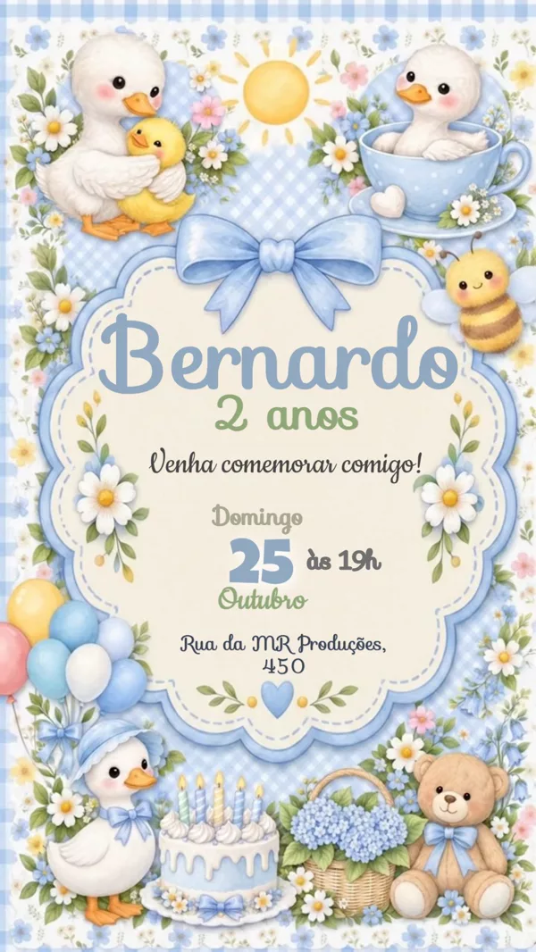 Convite Animado Aniversário Patinhos Azul Floral Para Editar Online