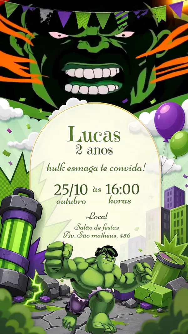 Convite Animado Aniversário Hulk Verde Cidade Para Editar Online
