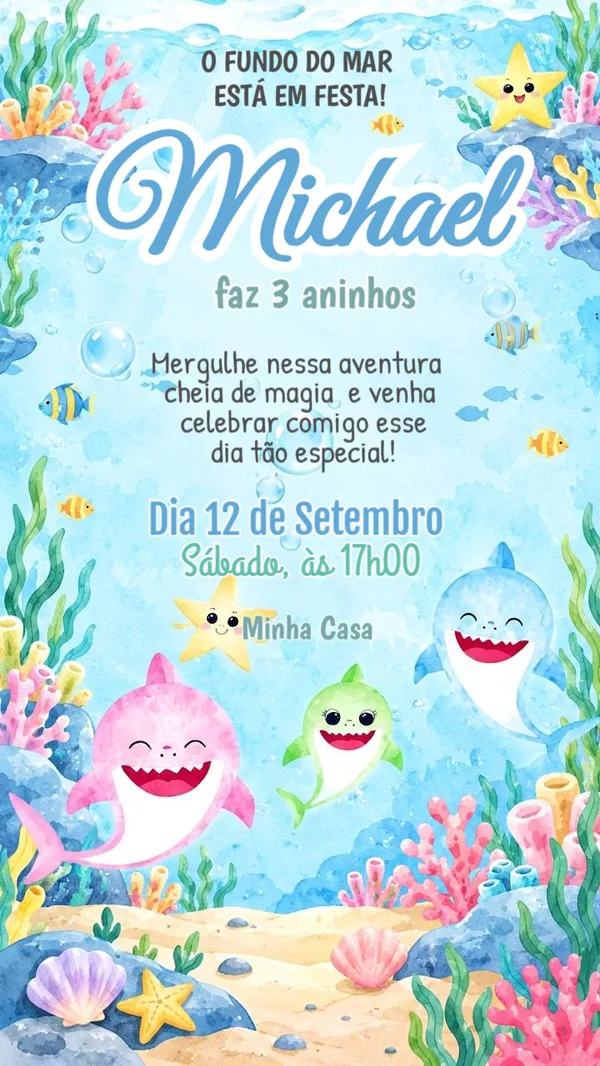 Convite Animado Aniversário Baby Shark Fundo do Para Editar Online