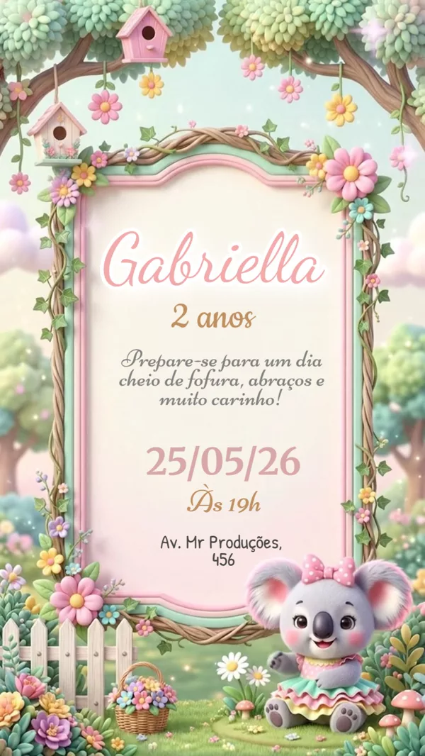 Convite Animado Aniversário Coala Baby Para Editar Online
