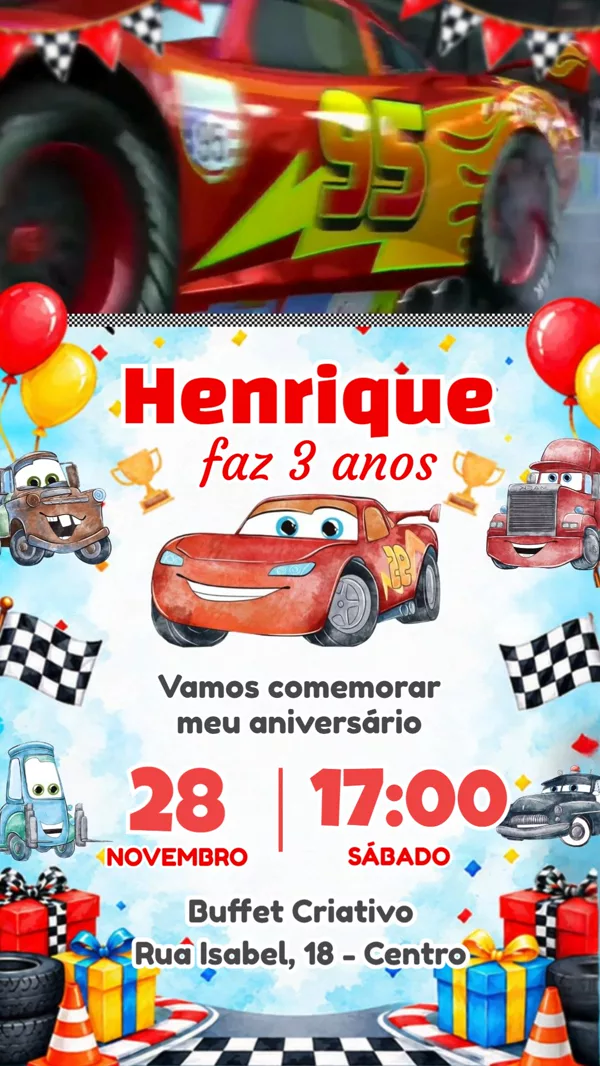 Convite Animado Aniversário Carros Relâmpago McQueen Para Editar Online