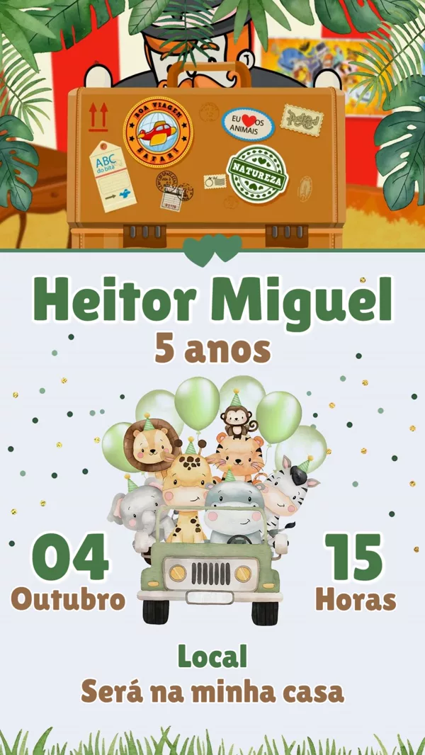 Convite Animado Aniversário Safari com Animais Para Editar Online