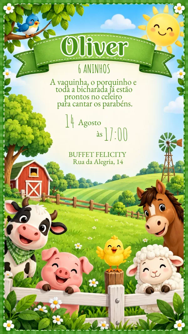 Convite Aniversário Fazendinha Verde Para Editar Online