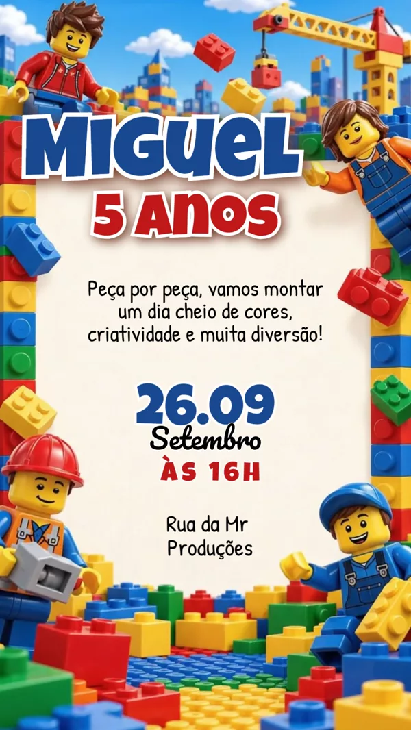 Convite Animado Aniversário Lego Construção Para Editar Online