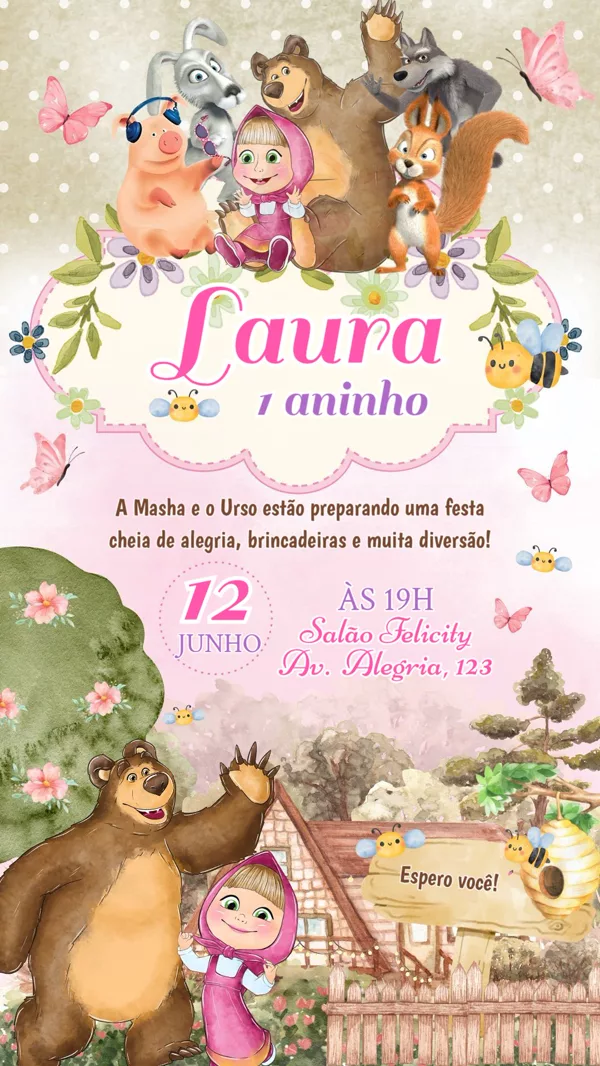 Convite Aniversário Masha e o Urso Floresta Para Editar Online
