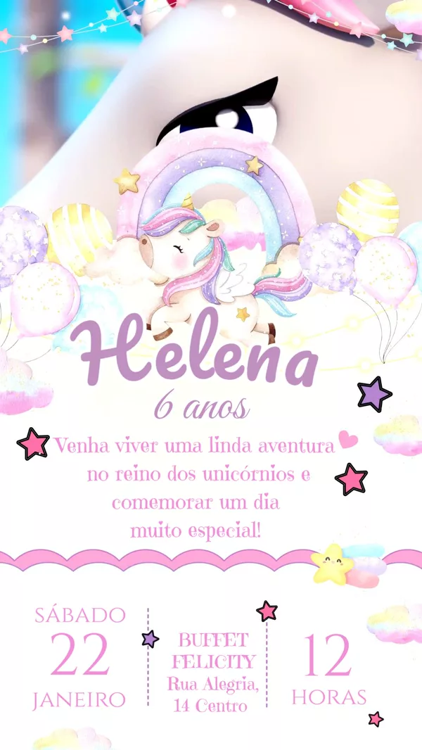 Convite Animado Aniversário Unicórnio Rosa Para Editar Online