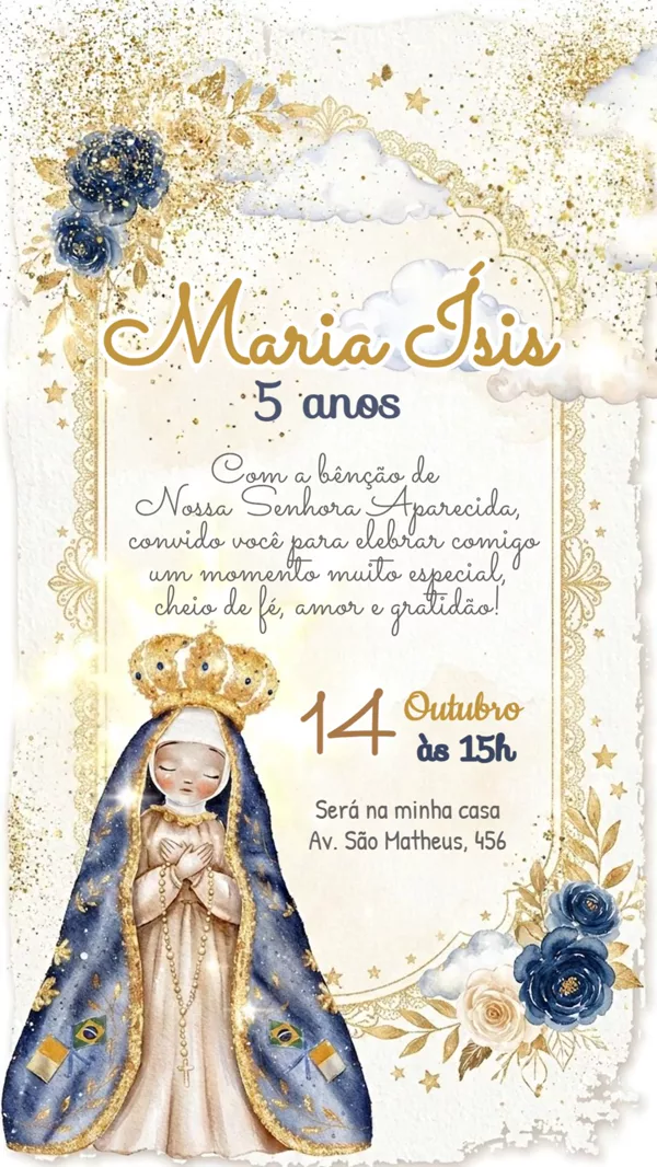 Convite Animado Aniversário Nossa Senhora Azul e Para Editar Online
