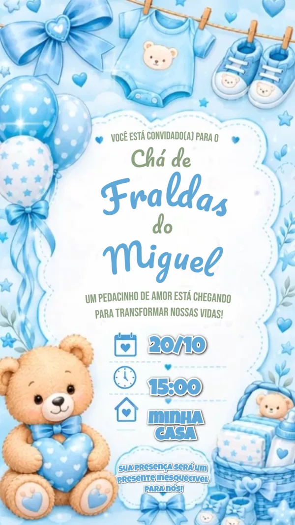 Convite Animado Chá de Fraldas Ursinho Azul Para Editar Online