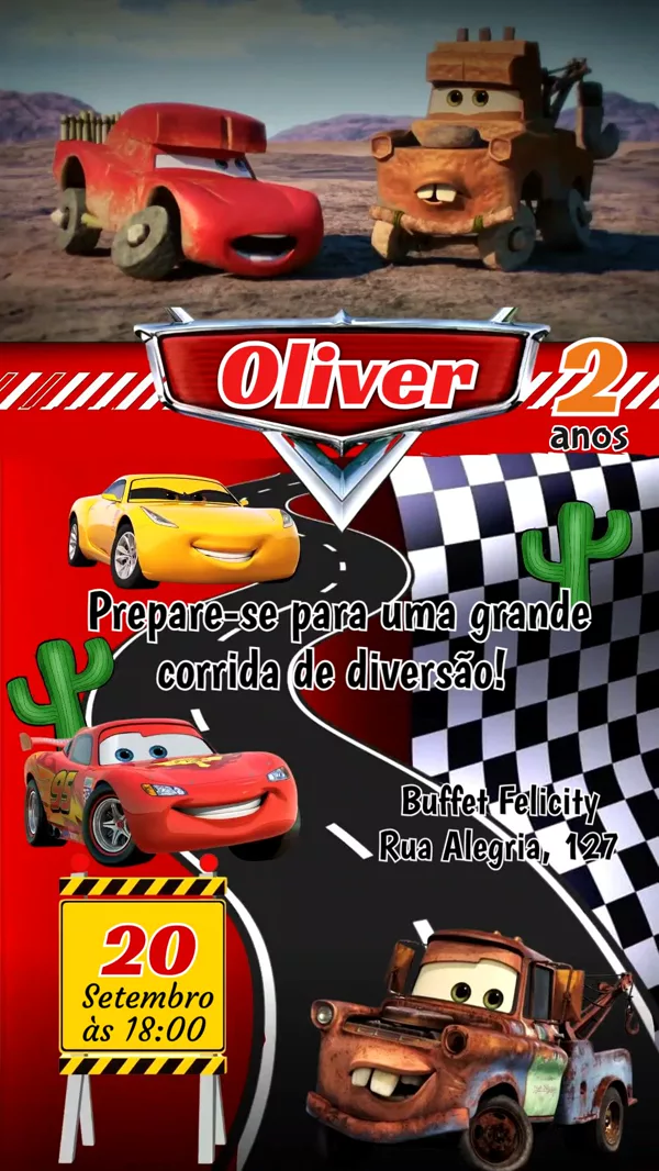 Convite Animado Aniversário Relâmpago McQueen Para Editar Online