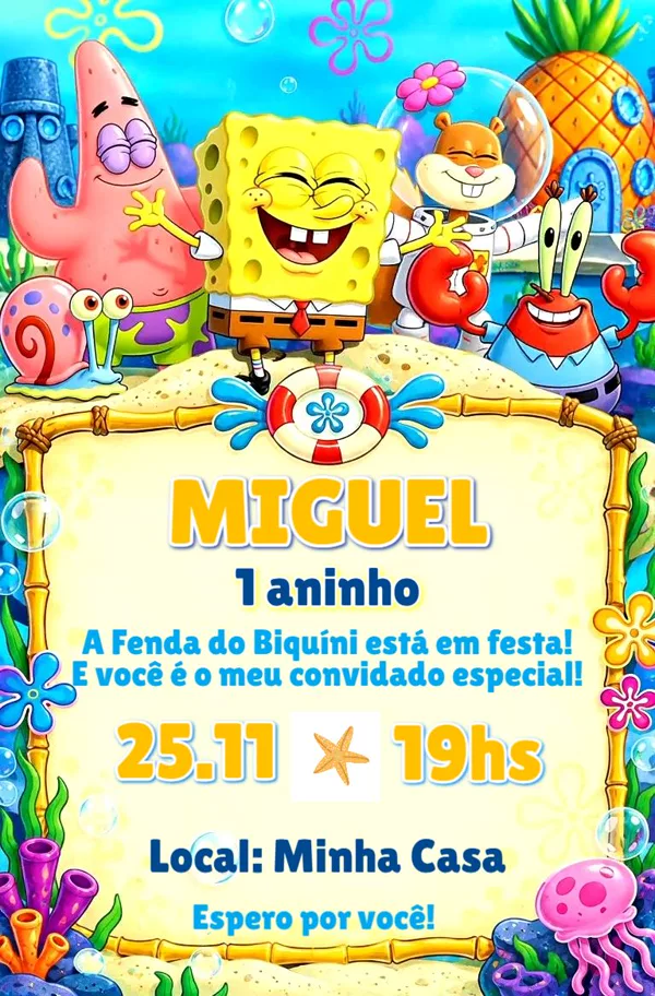 Convite Animado Aniversário Bob Esponja Infantil Para Editar Online