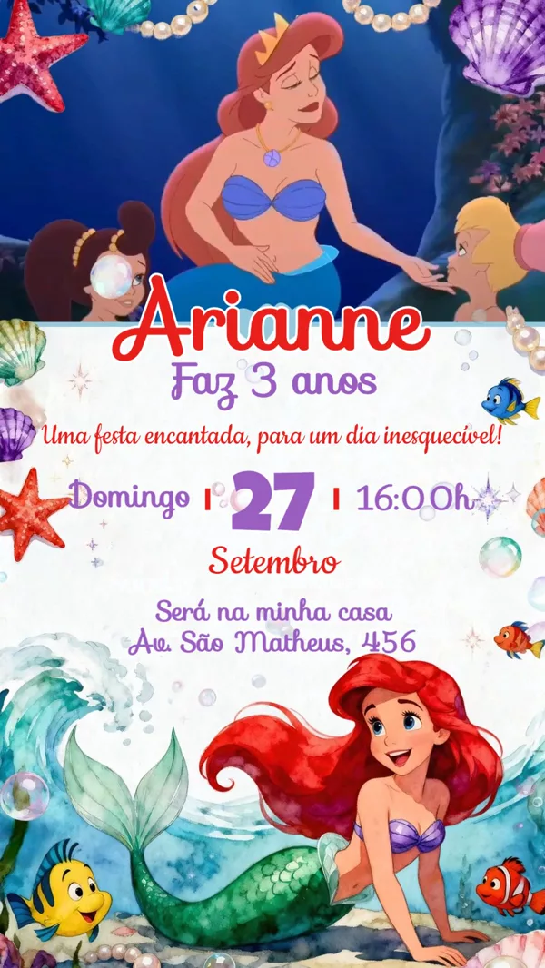 Convite Animado Aniversário Ariel Fundo do Mar Para Editar Online