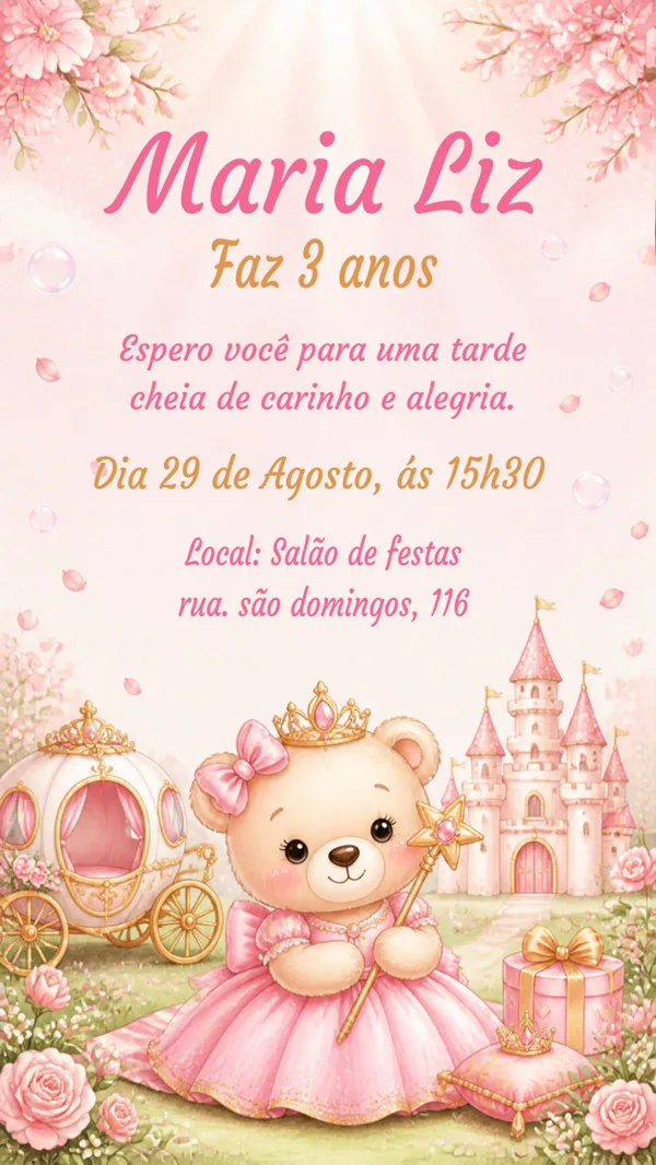 Convite Aniversário Ursinha Princesa Rosa Para Editar Online