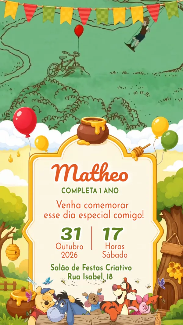 Convite Animado Aniversário Ursinho Pooh Mel Para Editar Online