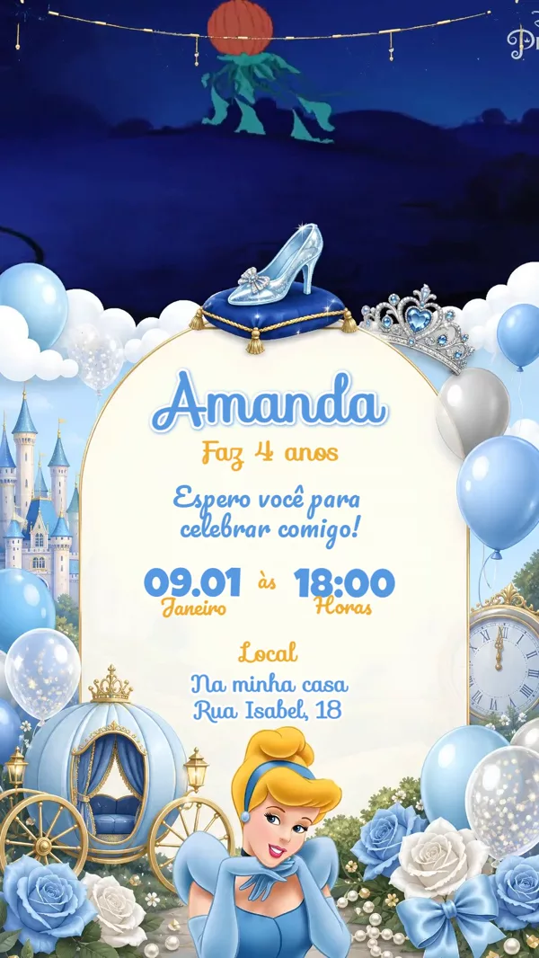 Convite Animado Aniversário Cinderela Azul Glitter Para Editar Online