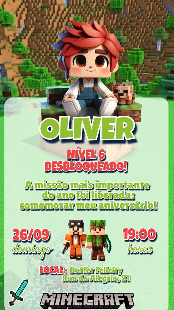 Convite Animado Aniversário Minecraft Menino Para Editar Online