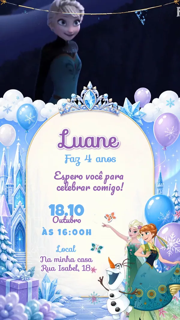 Convite Animado Aniversário Frozen Azul Lilás Para Editar Online