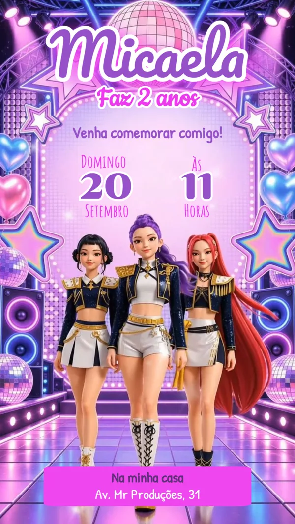 Convite Animado Aniversário Guerreiras do K-Pop Para Editar Online