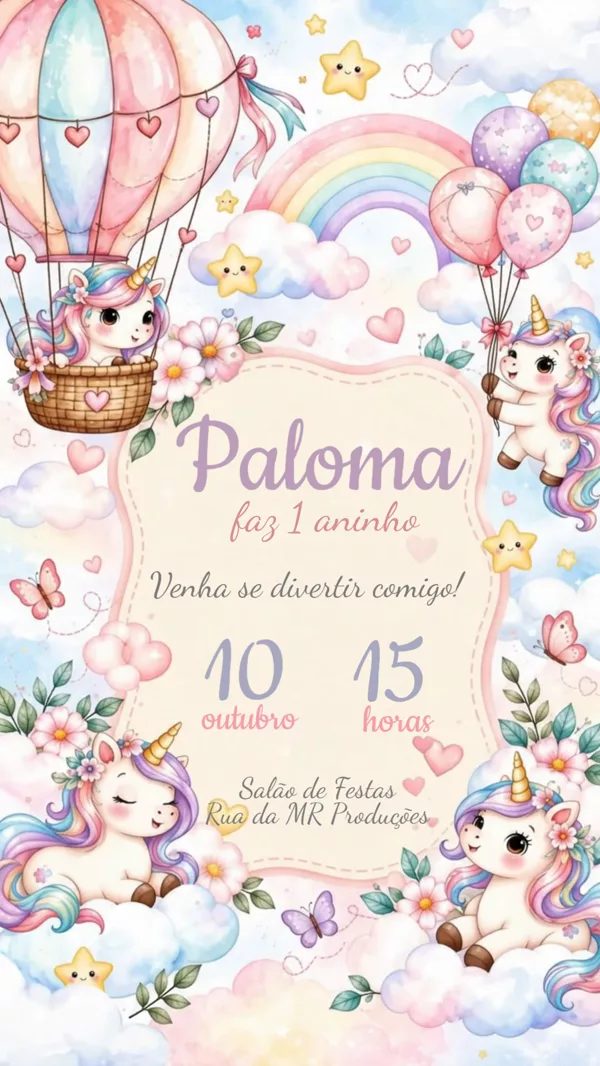 Convite Aniversário Animado Unicórnio Para Editar Online