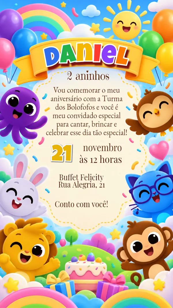 Convite Aniversário Bolofofos Colorido Para Editar Online