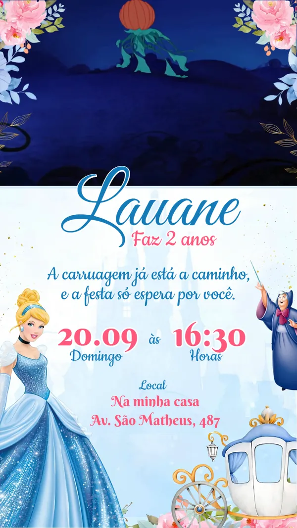Convite Animado Aniversário Cinderela Disney Para Editar Online