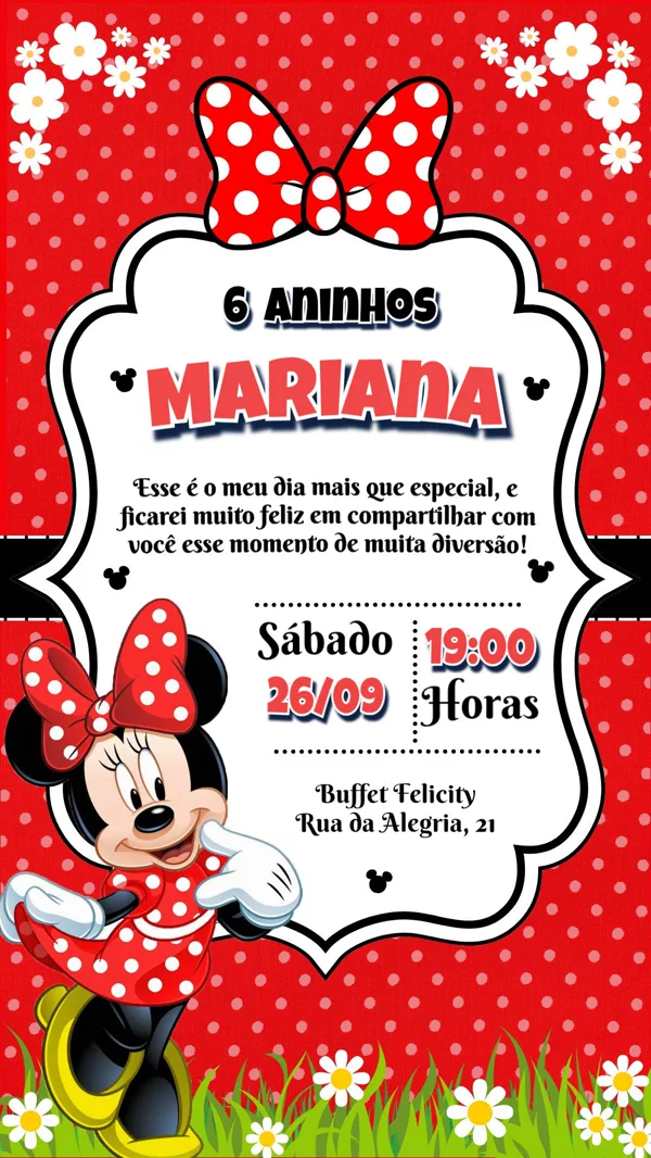 Convite Aniversário Minnie Vermelha Laço Para Editar Online